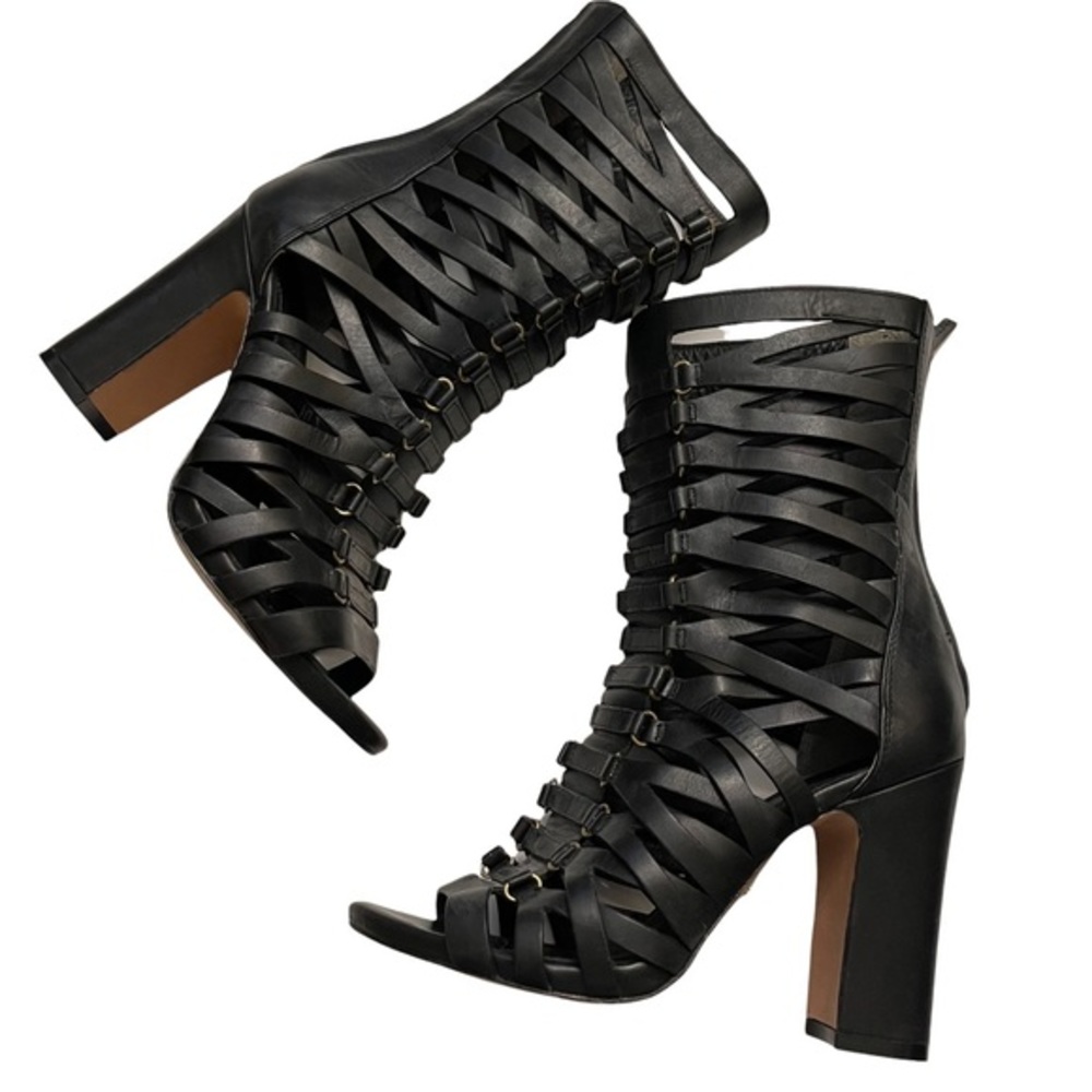 POUR LA VICTOIRE Strappy Black Heeled Eaden Caged Leather Ankle Boot Size 9.5